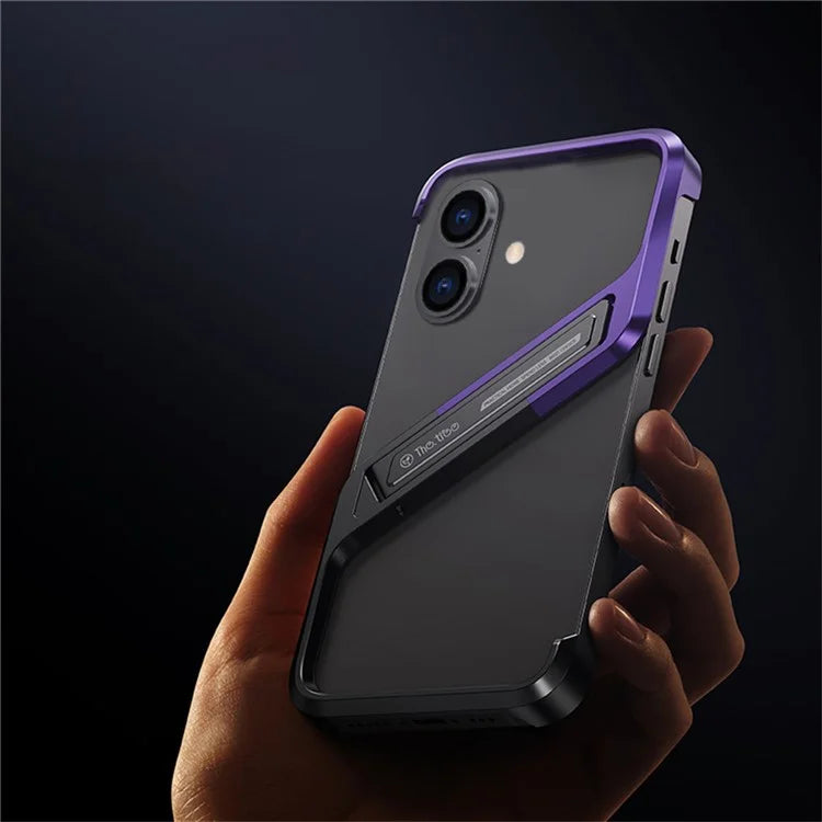 For iPhone 16 Frameless Case S-Shaped Aluminium Alloy Phone Cover with Kickstand