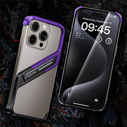 For iPhone 16 Pro Max Frameless Case S-Shaped Aluminium Alloy Phone Cover with Kickstand