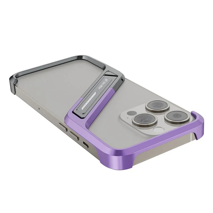 For iPhone 16 Pro Max Frameless Case S-Shaped Aluminium Alloy Phone Cover with Kickstand