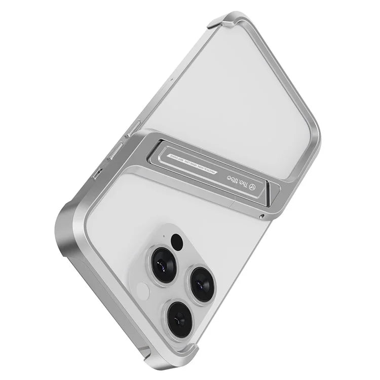 For iPhone 16 Pro Max Frameless Case S-Shaped Aluminium Alloy Phone Cover with Kickstand