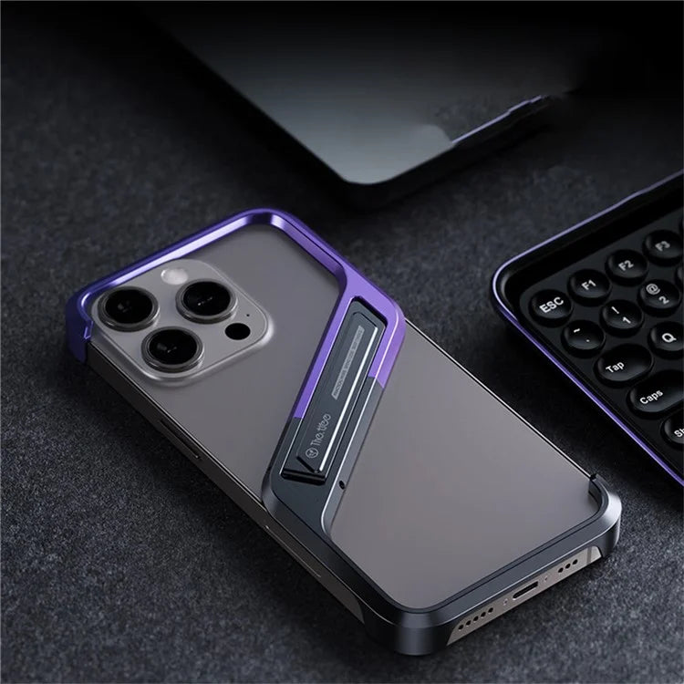 For iPhone 16 Pro Max Frameless Case S-Shaped Aluminium Alloy Phone Cover with Kickstand