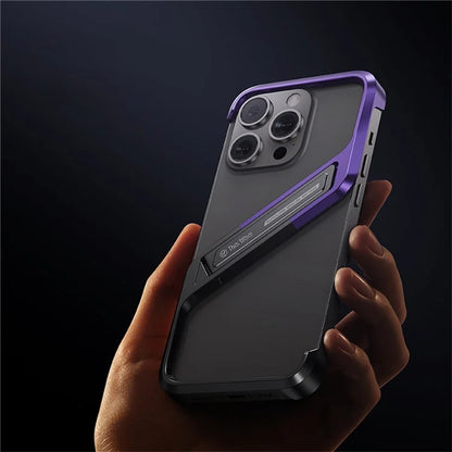 For iPhone 16 Pro Max Frameless Case S-Shaped Aluminium Alloy Phone Cover with Kickstand