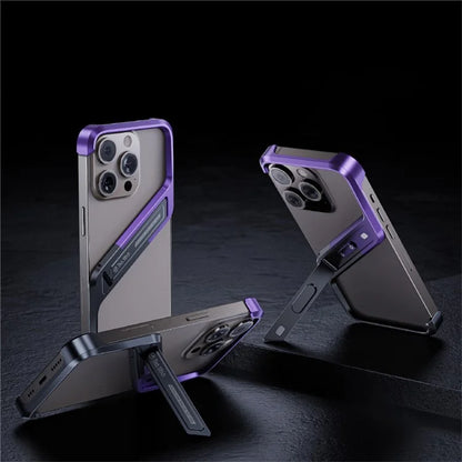 For iPhone 16 Pro Max Frameless Case S-Shaped Aluminium Alloy Phone Cover with Kickstand