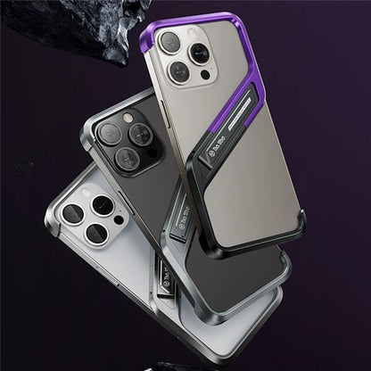 For iPhone 16 Pro Max Frameless Case S-Shaped Aluminium Alloy Phone Cover with Kickstand