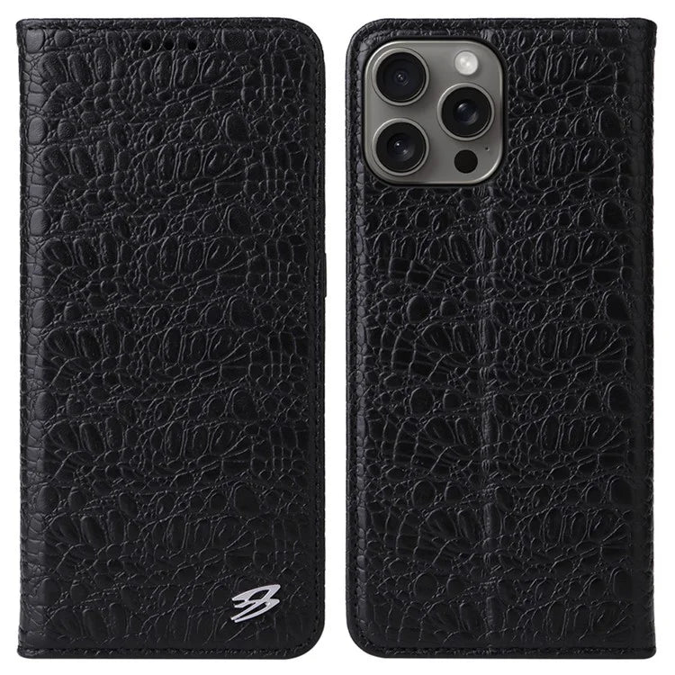FIERRE SHANN For iPhone 16 Pro Max Case Genuine Cow Leather Crocodile Texture Wallet Phone Cover
