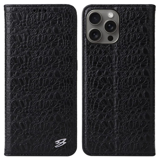 FIERRE SHANN For iPhone 16 Pro Max Case Genuine Cow Leather Crocodile Texture Wallet Phone Cover