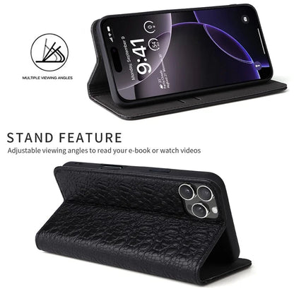FIERRE SHANN For iPhone 16 Pro Max Case Genuine Cow Leather Crocodile Texture Wallet Phone Cover