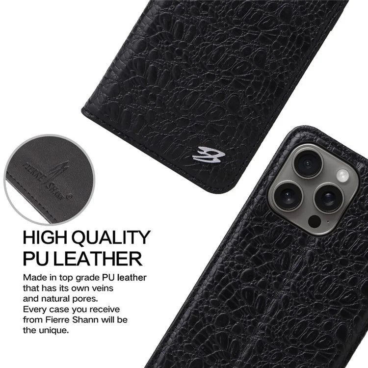 FIERRE SHANN For iPhone 16 Pro Max Case Genuine Cow Leather Crocodile Texture Wallet Phone Cover