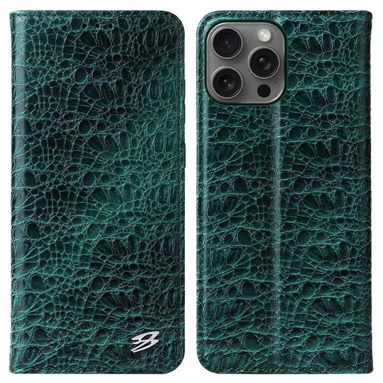 FIERRE SHANN For iPhone 16 Pro Max Case Genuine Cow Leather Crocodile Texture Wallet Phone Cover