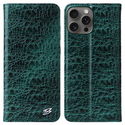 FIERRE SHANN For iPhone 16 Pro Max Case Genuine Cow Leather Crocodile Texture Wallet Phone Cover