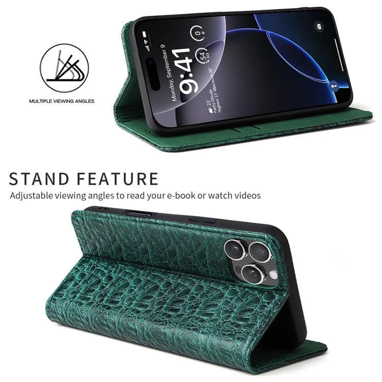 FIERRE SHANN For iPhone 16 Pro Max Case Genuine Cow Leather Crocodile Texture Wallet Phone Cover