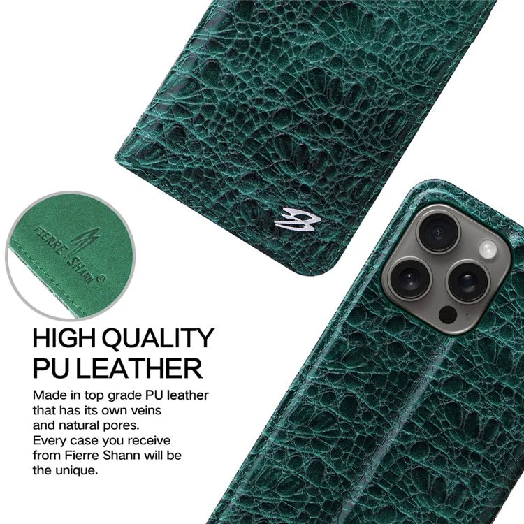 FIERRE SHANN For iPhone 16 Pro Max Case Genuine Cow Leather Crocodile Texture Wallet Phone Cover