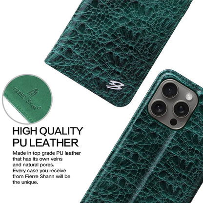 FIERRE SHANN For iPhone 16 Pro Max Case Genuine Cow Leather Crocodile Texture Wallet Phone Cover