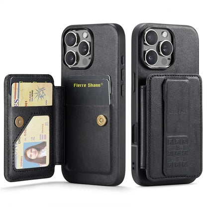 FIERRE SHANN 024 Style For iPhone 16 Pro Max Case Card Holder Kickstand Waxy Texture Leather+TPU Phone Cover