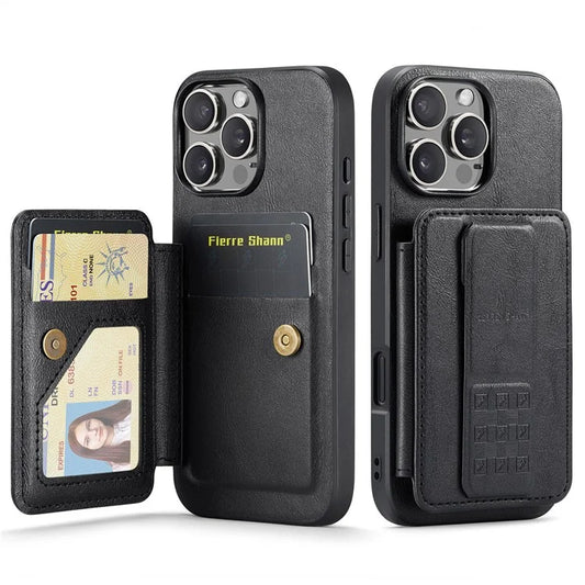 FIERRE SHANN 024 Style For iPhone 16 Pro Max Case Card Holder Kickstand Waxy Texture Leather+TPU Phone Cover