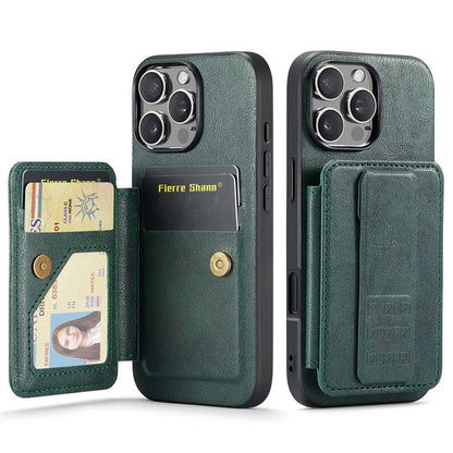 FIERRE SHANN 024 Style For iPhone 16 Pro Max Case Card Holder Kickstand Waxy Texture Leather+TPU Phone Cover