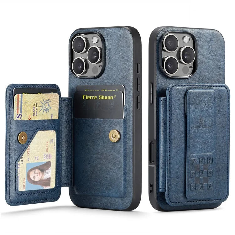FIERRE SHANN 024 Style For iPhone 16 Pro Max Case Card Holder Kickstand Waxy Texture Leather+TPU Phone Cover