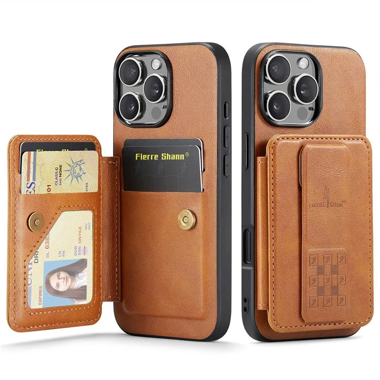 FIERRE SHANN 024 Style For iPhone 16 Pro Max Case Card Holder Kickstand Waxy Texture Leather+TPU Phone Cover