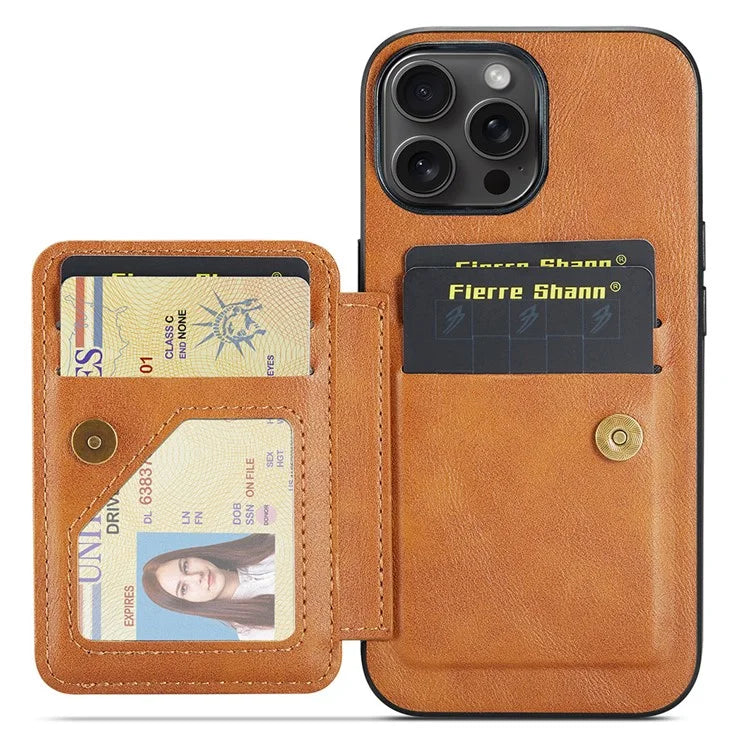 FIERRE SHANN 024 Style For iPhone 16 Pro Max Case Card Holder Kickstand Waxy Texture Leather+TPU Phone Cover
