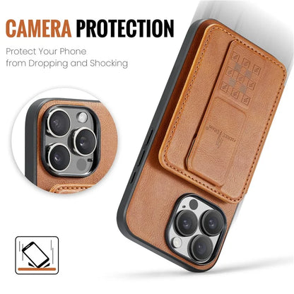 FIERRE SHANN 024 Style For iPhone 16 Pro Max Case Card Holder Kickstand Waxy Texture Leather+TPU Phone Cover