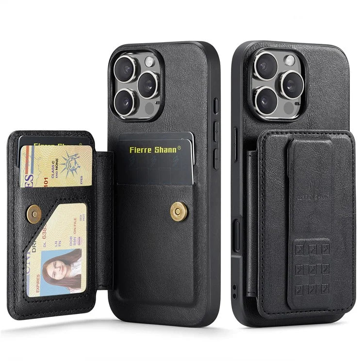 FIERRE SHANN 024 Style For iPhone 16 Pro Case Card Holder Kickstand Waxy Texture Leather+TPU Phone Cover