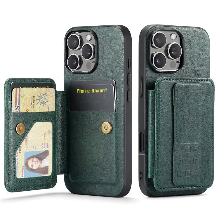 FIERRE SHANN 024 Style For iPhone 16 Pro Case Card Holder Kickstand Waxy Texture Leather+TPU Phone Cover