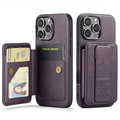 FIERRE SHANN 024 Style For iPhone 16 Pro Case Card Holder Kickstand Waxy Texture Leather+TPU Phone Cover
