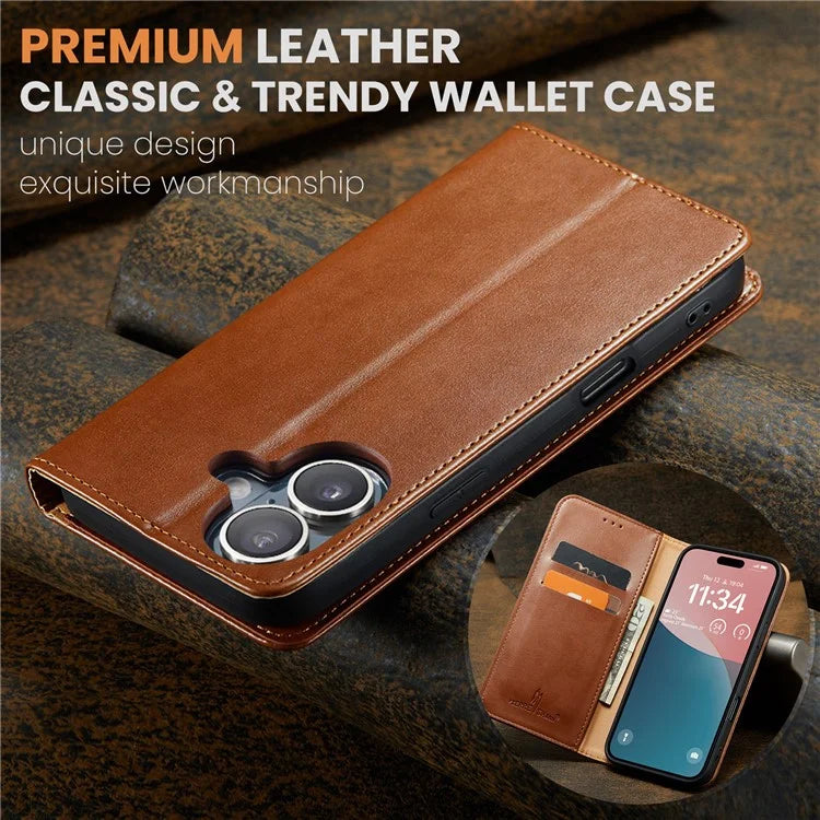 FIERRE SHANN For iPhone 16 Plus Case PU Leather Flip Stand Wallet Phone Cover
