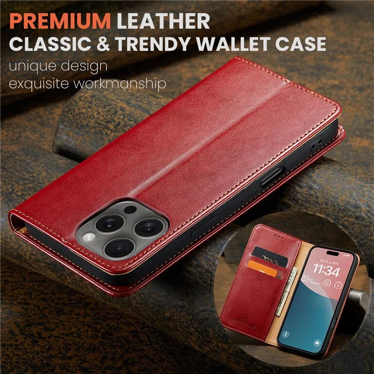 FIERRE SHANN For iPhone 16 Pro Max Case PU Leather Flip Stand Wallet Phone Cover