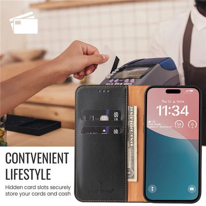 FIERRE SHANN For iPhone 16 Case PU Leather Flip Stand Wallet Phone Cover