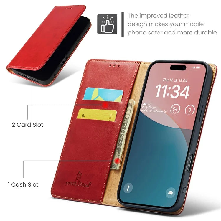 FIERRE SHANN For iPhone 16 Case PU Leather Flip Stand Wallet Phone Cover