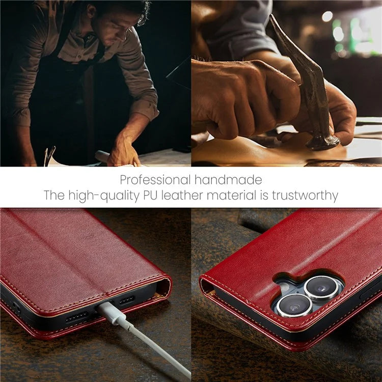 FIERRE SHANN For iPhone 16 Case PU Leather Flip Stand Wallet Phone Cover