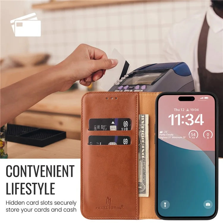 FIERRE SHANN For iPhone 16 Case PU Leather Flip Stand Wallet Phone Cover