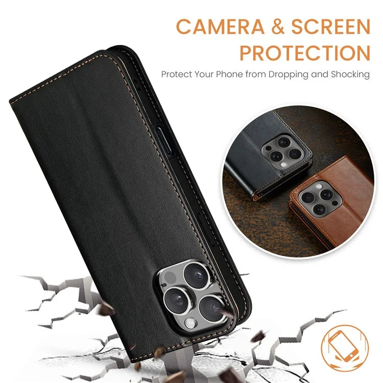 FIERRE SHANN For iPhone 16 Pro Case PU Leather Flip Stand Wallet Phone Cover