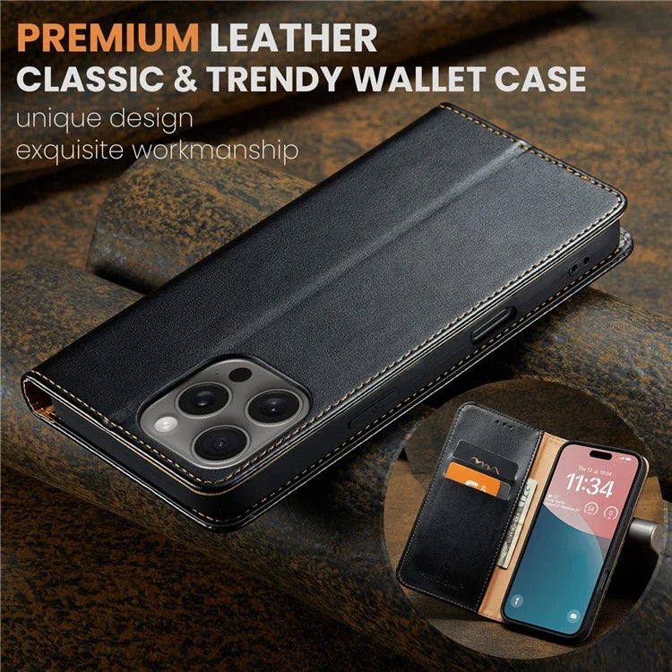 FIERRE SHANN For iPhone 16 Pro Case PU Leather Flip Stand Wallet Phone Cover