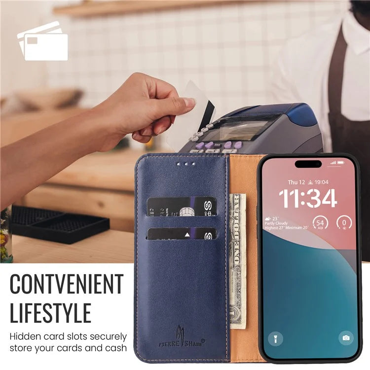 FIERRE SHANN For iPhone 16 Pro Case PU Leather Flip Stand Wallet Phone Cover