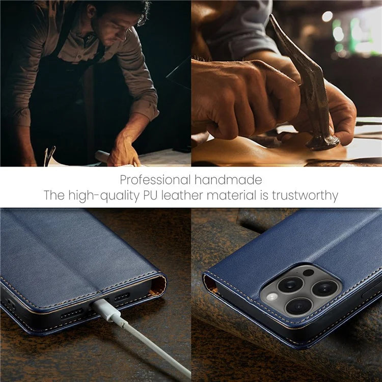 FIERRE SHANN For iPhone 16 Pro Case PU Leather Flip Stand Wallet Phone Cover
