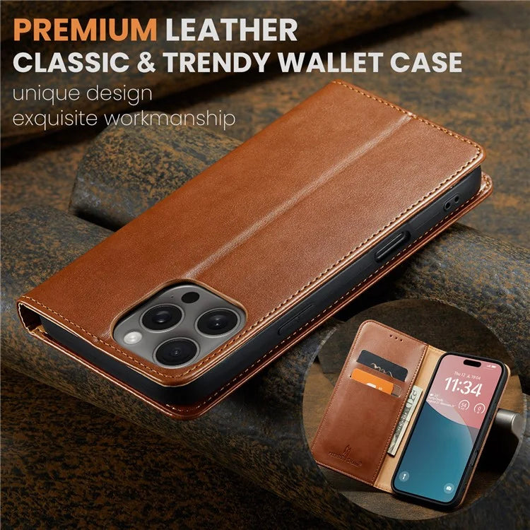 FIERRE SHANN For iPhone 16 Pro Case PU Leather Flip Stand Wallet Phone Cover