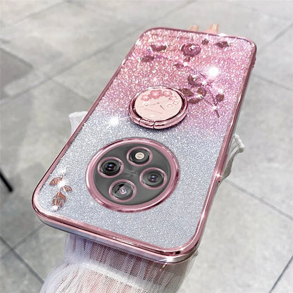 KADEM For Xiaomi Redmi 14C 4G Case Ring Kickstand TPU Flowers Phone Cover Gradient Glitter
