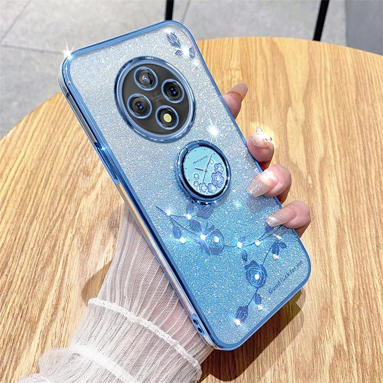 KADEM For Xiaomi Redmi 14C 4G Case Ring Kickstand TPU Flowers Phone Cover Gradient Glitter
