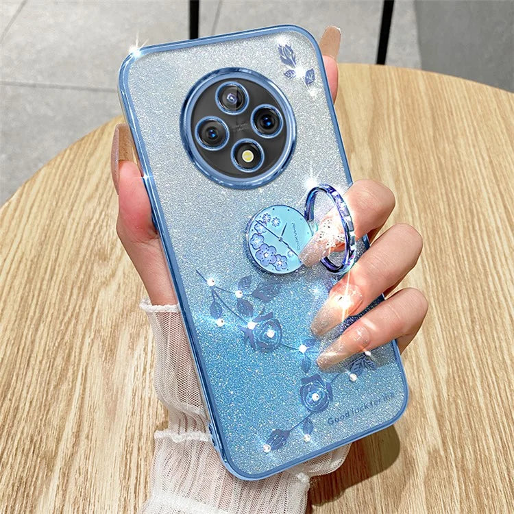 KADEM For Xiaomi Redmi 14C 4G Case Ring Kickstand TPU Flowers Phone Cover Gradient Glitter