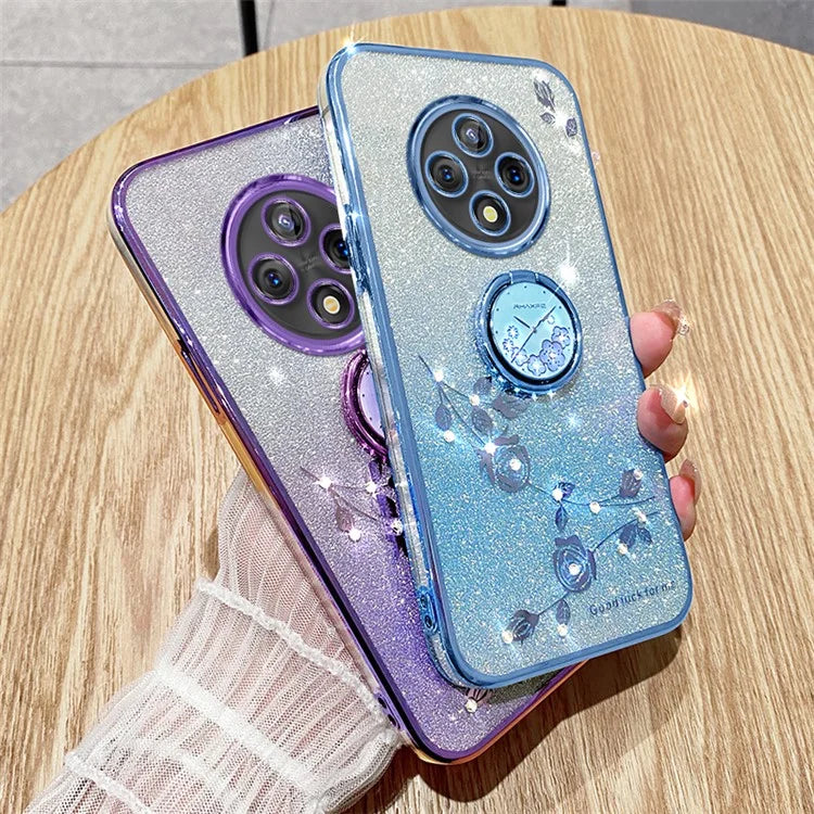 KADEM For Xiaomi Redmi 14C 4G Case Ring Kickstand TPU Flowers Phone Cover Gradient Glitter