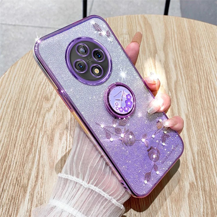 KADEM For Xiaomi Redmi 14C 4G Case Ring Kickstand TPU Flowers Phone Cover Gradient Glitter