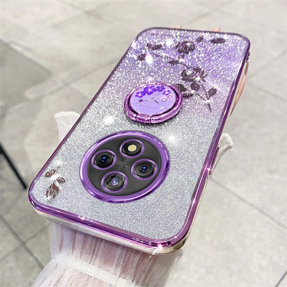 KADEM For Xiaomi Redmi 14C 4G Case Ring Kickstand TPU Flowers Phone Cover Gradient Glitter