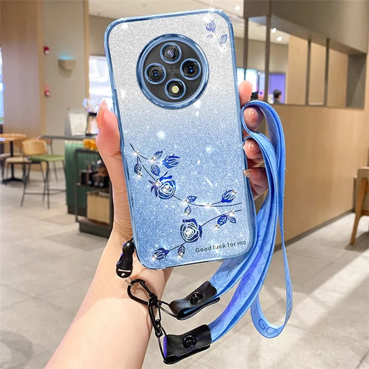 KADEM For Xiaomi Redmi 14C 4G Case Flower Pattern TPU Gradient Phone Cover with Lanyards