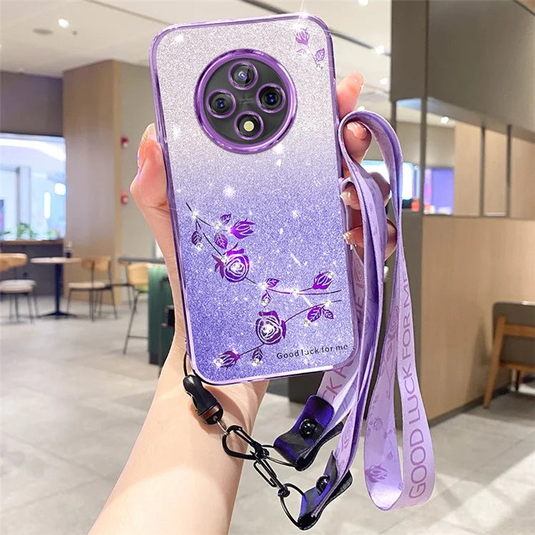 KADEM For Xiaomi Redmi 14C 4G Case Flower Pattern TPU Gradient Phone Cover with Lanyards