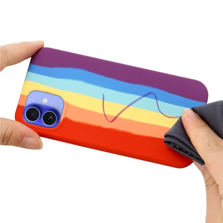 For iPhone 16 Case Phone Back Cover Rainbow Design Liquid Silicone Protective Case - Red Rainbow