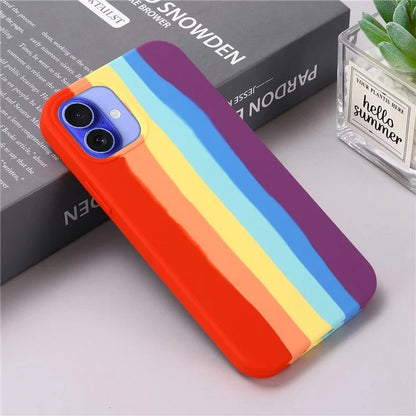 For iPhone 16 Case Phone Back Cover Rainbow Design Liquid Silicone Protective Case - Red Rainbow