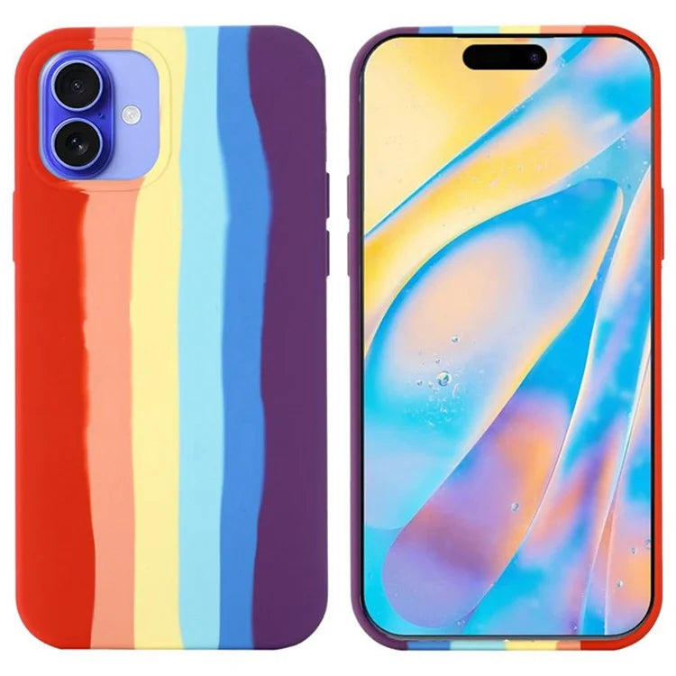 For iPhone 16 Plus Case Phone Back Cover Rainbow Design Liquid Silicone Protective Case - Red Rainbow