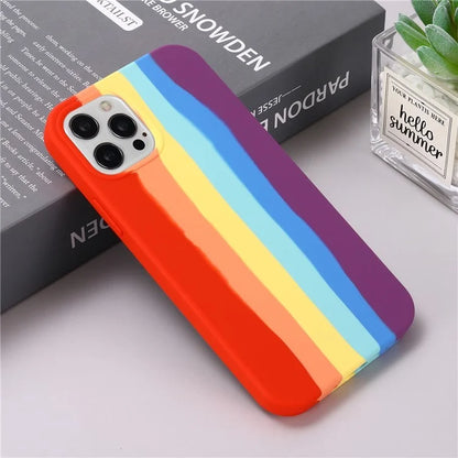For iPhone 16 Pro Case Phone Back Cover Rainbow Design Liquid Silicone Protective Case - Red Rainbow
